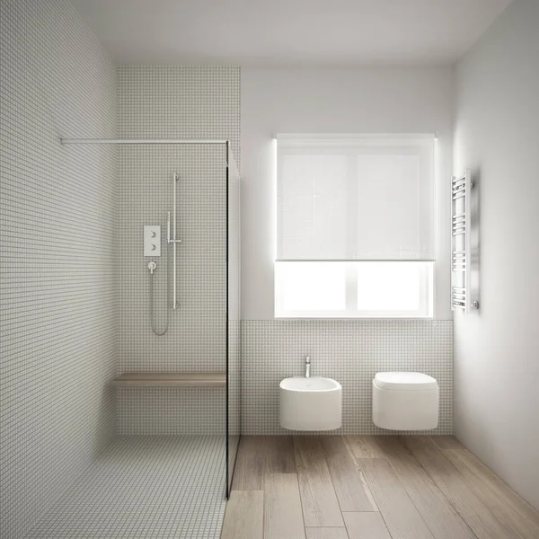 Moderno banheiro minimalista com piso de madeira de carvalho parquet e mosaicos brancos, janela e chuveiro walk-in, arquitetura contemporânea design de interiores — Fotografia de Stock