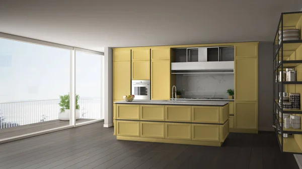 Classic yellow kitchen in modern open space with parquet floor and big panoramic window with balcony on sea landscape, island and accessories, minimalist contemporary interior design