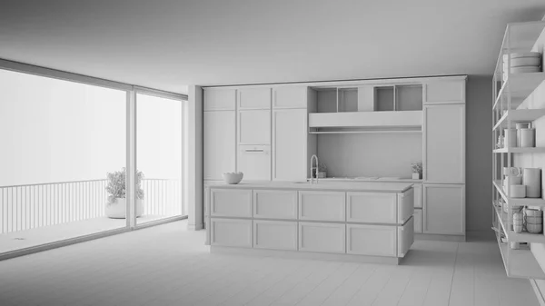 Progetto total white di cucina classica in open space moderno con pavimento in parquet, isola e accessori, interior design contemporaneo minimalista — Foto Stock