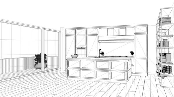 Дизайн інтер'єру, чорно-білий ескіз чорнила, архітектурний план, що показує класичну кухню в сучасній розкішній квартирі з паркетною підлогою, сучасна архітектура — стокове фото