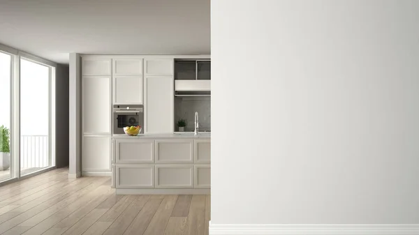 Clássico branco e cozinha em apartamento moderno com ilha em uma parede de primeiro plano, ideia de arquitetura de design de interiores, conceito com espaço de cópia, fundo em branco — Fotografia de Stock