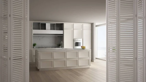 Apertura porta pieghevole bianca su cucina classica bianca in appartamento moderno con grande finestra anf pavimento in parquet, interior design bianco, concetto di architetto designer, sfondo sfocato — Foto Stock