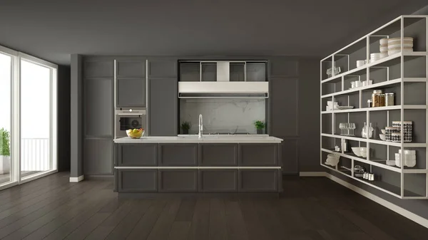 Cocina gris clásica en espacio abierto moderno con suelo de parquet y gran ventana panorámica con balcón, isla y accesorios, diseño interior contemporáneo minimalista — Foto de Stock