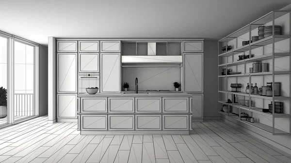 Progetto incompiuto bozza di cucina classica in appartamento di lusso moderno, vintage design d'interni retrò, architettura open space idea concetto di soggiorno — Foto Stock