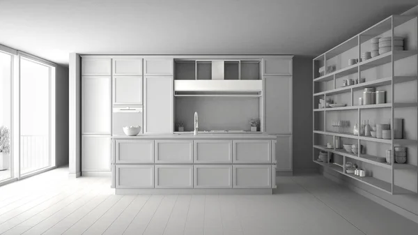 Total white project of classic kitchen in modern open space with parquet floor, island and accessories, minimalista kortárs belsőépítészet — Stock Fotó