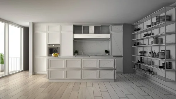Arkitekt inredningskoncept: oavslutat projekt som blir verkligt, klassiskt kök i modern lägenhet med parkettgolv, minimalistisk design idé — Stockfoto