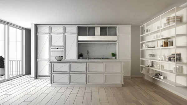Architect interieur ontwerper concept: onafgewerkt project dat echt wordt, klassieke keuken in modern appartement met parketvloer, minimalistisch design idee — Stockfoto