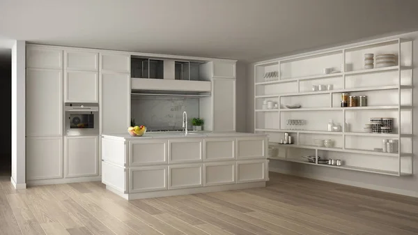 Klasyczny biały kuchnia w nowoczesnym otwarta przestrzeń z parkietu i duże półki system z dekorów, wyspa i akcesoria, współczesny minimalistyczny wystrój wnętrz — Zdjęcie stockowe