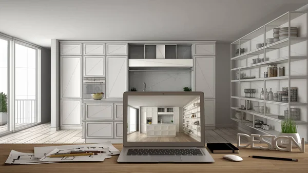 Arquiteto designer de conceito de desktop, laptop na mesa de trabalho de madeira com tela mostrando projeto de design de interiores, plano de fundo esboço, cozinha branca clássica no apartamento moderno — Fotografia de Stock