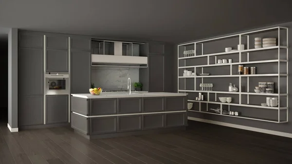 Klasyczny szary kuchnia w nowoczesnym otwarta przestrzeń z parkietu i duże półki system z dekorów, wyspa i akcesoria, współczesny minimalistyczny wystrój wnętrz — Zdjęcie stockowe