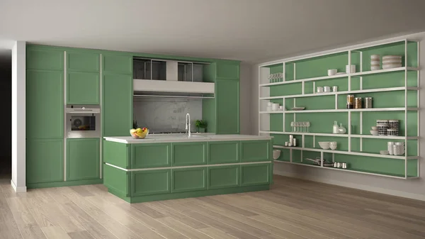 经典的绿色厨房在现代开放空间与镶木地板和大货架系统与装饰, 岛屿和配件, 简约的当代室内设计 — 图库照片