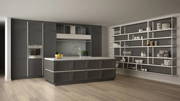 Cocina gris clásica en espacio abierto moderno con suelo de parquet y gran sistema de estanterías con decoración, isla y accesorios, diseño interior contemporáneo minimalista — Foto de Stock