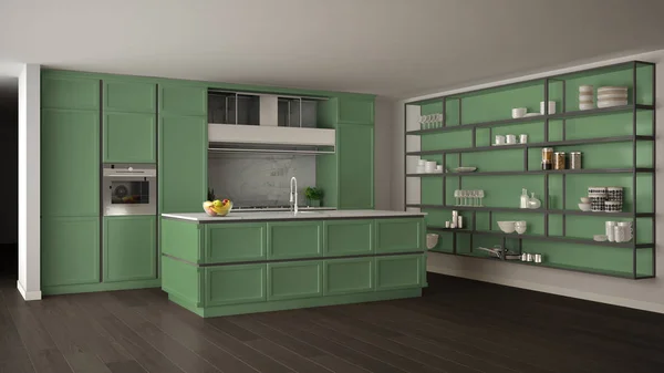 经典的绿色厨房在现代开放空间与镶木地板和大货架系统与装饰, 岛屿和配件, 简约的当代室内设计 — 图库照片