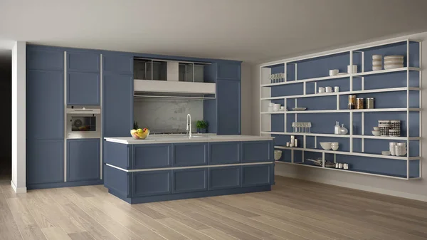 Classic blue kitchen in modern open space with parquet floor and big shelving system with decors, island and accessories, minimalist contemporary interior design