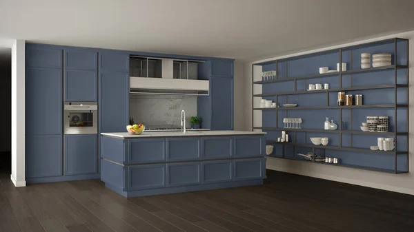 Klassisk blå kök i modern öppen plats med parkettgolv och stora hyllor system med dekorer, ön och tillbehör, minimalistisk modern inredningsdesign — Stockfoto