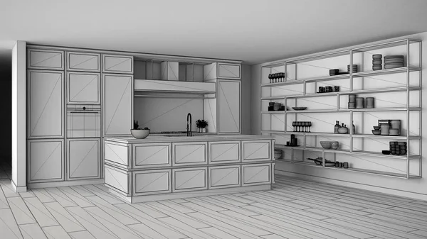 Unfinished project draft of classic kitchen in modern luxury apartment, vintage retro interior design, αρχιτεκτονική open space σαλόνι έννοια ιδέα — Φωτογραφία Αρχείου