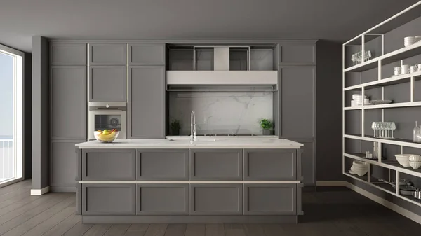 Cocina gris clásica en espacio abierto moderno con suelo de parquet y gran ventana panorámica con balcón, isla y accesorios, diseño interior contemporáneo minimalista — Foto de Stock