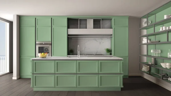 Classic green kitchen in modern open space with parquet floor and big panoramic window with balcony, island and accessories, minimalist contemporary interior design