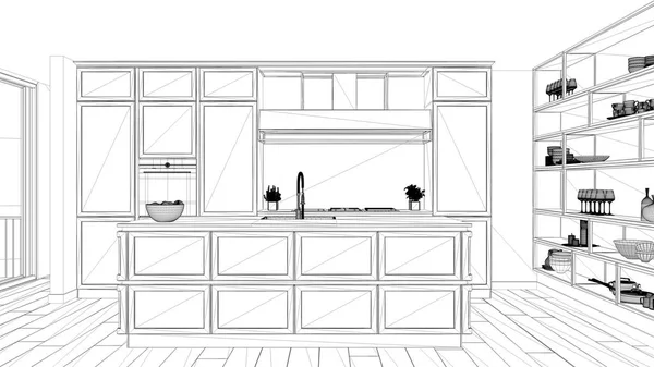 Proyecto de diseño de interiores, boceto de tinta en blanco y negro, diseño arquitectónico que muestra la cocina clásica en un moderno apartamento de lujo con suelo de parquet, arquitectura contemporánea —  Fotos de Stock