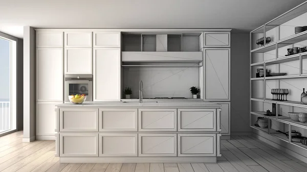 Arquitecto concepto de interiorista: proyecto inacabado que se convierte en real, cocina clásica en apartamento moderno con suelo de parquet, idea de diseño minimalista — Foto de Stock
