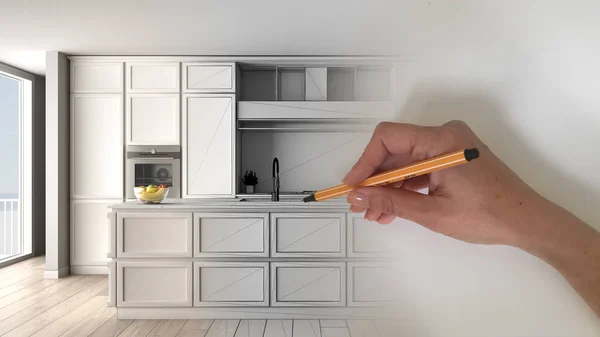 Concepto de diseñador de interiores de arquitecto: dibujar a mano un proyecto de diseño de interiores, mientras que el espacio se convierte en real, cocina clásica con isla en apartamento moderno de espacio abierto — Foto de Stock