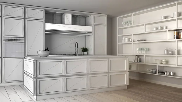 Architetto interior designer concept: progetto incompiuto che diventa reale, cucina classica in appartamento moderno con pavimento in parquet, idea di design minimalista — Foto Stock