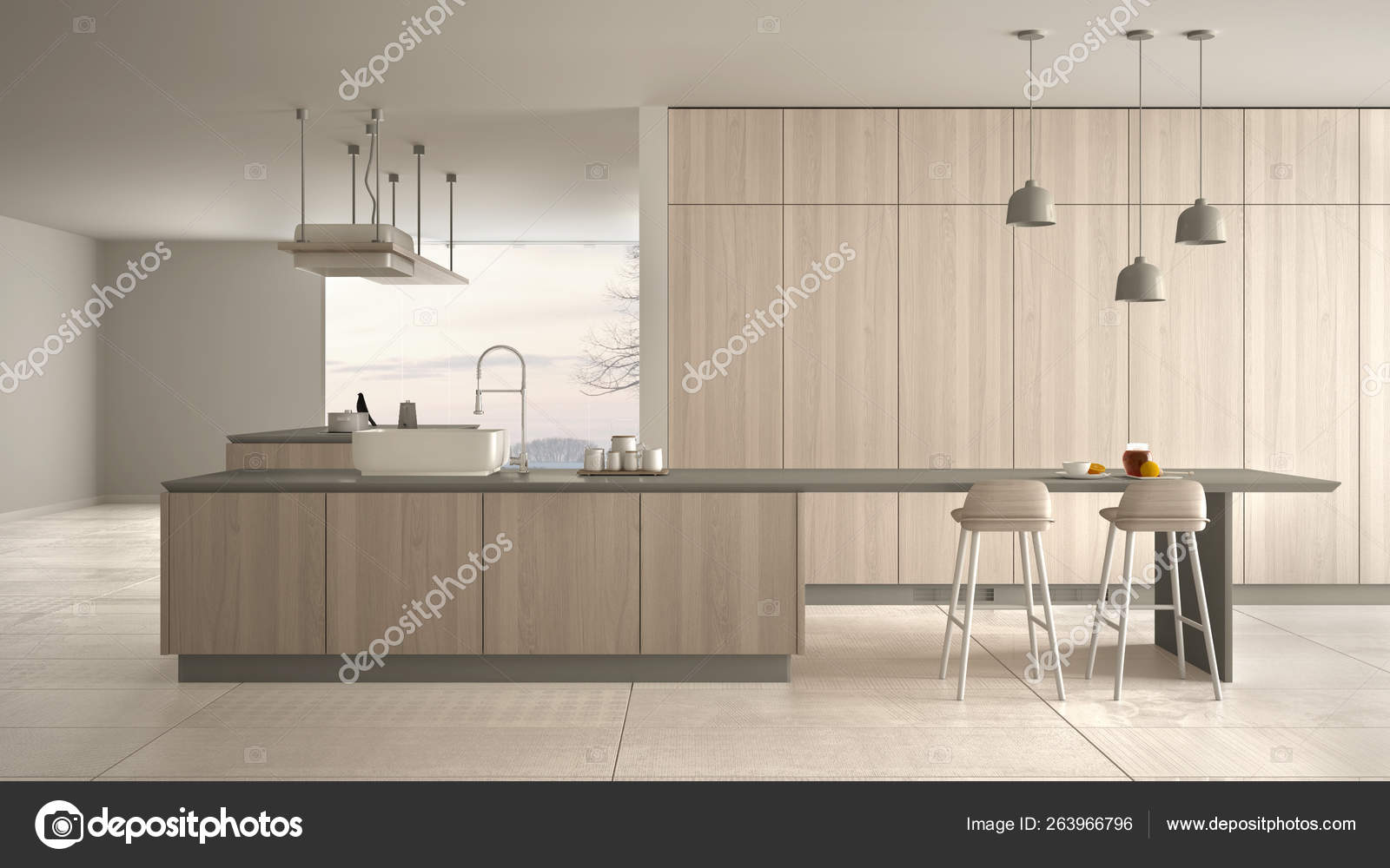 Minimalistischer Luxus teure weiße und hölzerne Küche, Insel Minimalistischer Luxus teure weiße und hölzerne Küche, Insel