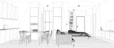 Blueprint proje taslak, bir odalı daire kroki, parke ve yemek masası ile minimalist beyaz küçük mutfak, iç tasarım konsept fikri, parke zemin ile modern daire