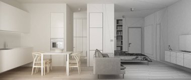 Mimar iç tasarımcı kavramı: gerçek olur bitmemiş proje, bir oda daire, parke ile beyaz küçük mutfak, masa ve kanepe, murphy yatak, minimalist tasarım fikri