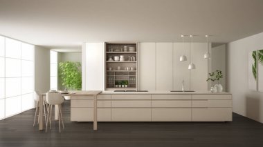 White and gray minimalist kitchen in eco friendly apartment, island, table, stools and open cabinet with accessories, window, bamboo, hydroponic vases, parquet , interior design idea