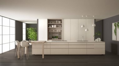 White and gray minimalist kitchen in eco friendly apartment, island, table, stools and open cabinet with accessories, window, bamboo, hydroponic vases, parquet , interior design idea