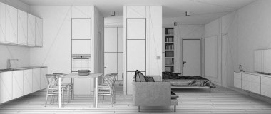 Bir odalı daire bitmemiş proje taslağı, parke ve yemek masası ve kanepe murphy yatak ile minimalist beyaz küçük mutfak, iç tasarım, çağdaş mimari