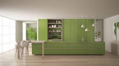 Çevre dostu daire, ada, masa, tabure ve açık dolapta beyaz ve yeşil minimalist mutfak aksesuarlar, pencere, bambu, hidroponik vazolar, parke, iç tasarım fikri