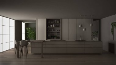 Beyaz ve minimalist mutfak çevre dostu daire, ada, masa, tabure ve açık dolap, pencere, bambu, hidroponik vazo, parke, gece manzarası iç tasarım fikri