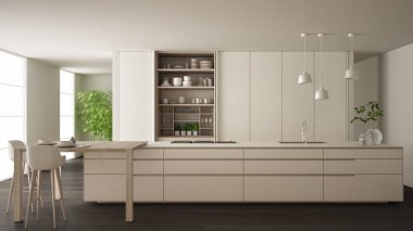 White and gray minimalist kitchen in eco friendly apartment, island, table, stools and open cabinet with accessories, window, bamboo, hydroponic vases, parquet , interior design idea