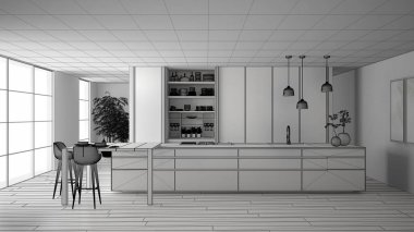 Minimalist mutfak bitmemiş proje, ada, masa, tabureler ve aksesuarları ile açık dolap, pencere, bambu, hidroponik vazolar, parke, iç tasarım konsept fikri