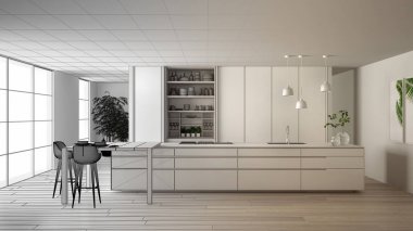 Mimar iç tasarımcı kavramı: gerçek olur bitmemiş proje, minimalist mutfak, ada, pencere, bambu, hidroponik vazolar, parke, iç tasarım kavramı fikir