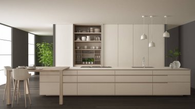 White and gray minimalist kitchen in eco friendly apartment, island, table, stools and open cabinet with accessories, window, bamboo, hydroponic vases, parquet , interior design idea
