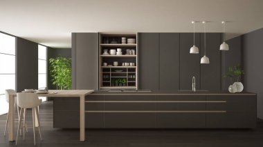 White and gray minimalist kitchen in eco friendly apartment, island, table, stools and open cabinet with accessories, window, bamboo, hydroponic vases, parquet , interior design idea