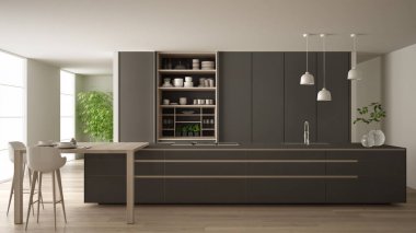 White and gray minimalist kitchen in eco friendly apartment, island, table, stools and open cabinet with accessories, window, bamboo, hydroponic vases, parquet , interior design idea