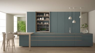 Çevre dostu daire, ada, masa, tabure ve açık dolap beyaz ve mavi minimalist mutfak aksesuarlar, pencere, bambu, hidroponik vazolar, parke, iç tasarım fikri