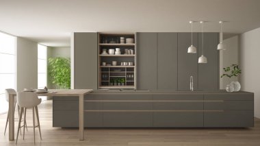 Çevre dostu daire, ada, masa, tabure ve açık dolapta beyaz ve güvercin grisi minimal mutfak aksesuarlar, pencere, bambu, hidroponik vazolar, parke, iç tasarım fikri