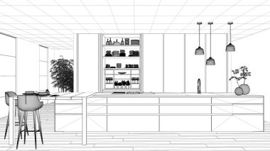Blueprint proje taslak, minimalist mutfak, ada, masa, tabureler ve aksesuarları, pencere, bambu, hidroponik vazolar, parke, iç tasarım konsept fikri ile açık dolap