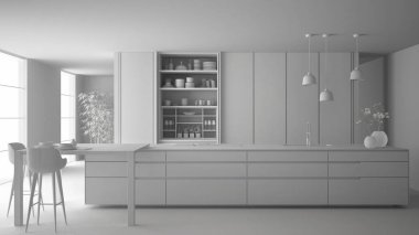 Minimalist mutfak, ada, masa, tabure ve aksesuarları, pencere, bambu, hidroponik vazolar, parke, iç tasarım konsept fikri ile açık dolap toplam beyaz proje taslağı