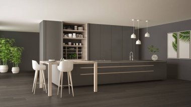 White and gray minimalist kitchen in eco friendly apartment, island, table, stools and open cabinet with accessories, window, bamboo, hydroponic vases, parquet , interior design idea