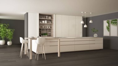 White and gray minimalist kitchen in eco friendly apartment, island, table, stools and open cabinet with accessories, window, bamboo, hydroponic vases, parquet , interior design idea