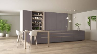Çevre dostu daire, ada, masa, tabure ve açık dolapta beyaz ve mor minimalist mutfak aksesuarlar, pencere, bambu, hidroponik vazolar, parke, iç tasarım fikri