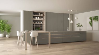 Çevre dostu daire, ada, masa, tabure ve açık dolapta beyaz ve güvercin grisi minimal mutfak aksesuarlar, pencere, bambu, hidroponik vazolar, parke, iç tasarım fikri