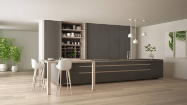 White and gray minimalist kitchen in eco friendly apartment, island, table, stools and open cabinet with accessories, window, bamboo, hydroponic vases, parquet , interior design idea