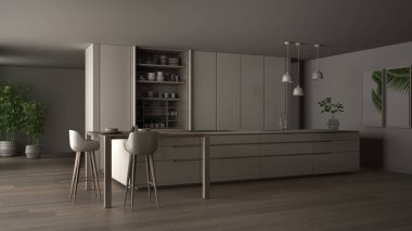 Beyaz ve minimalist mutfak çevre dostu daire, ada, masa, tabure ve açık dolap, pencere, bambu, hidroponik vazo, parke, gece manzarası iç tasarım fikri